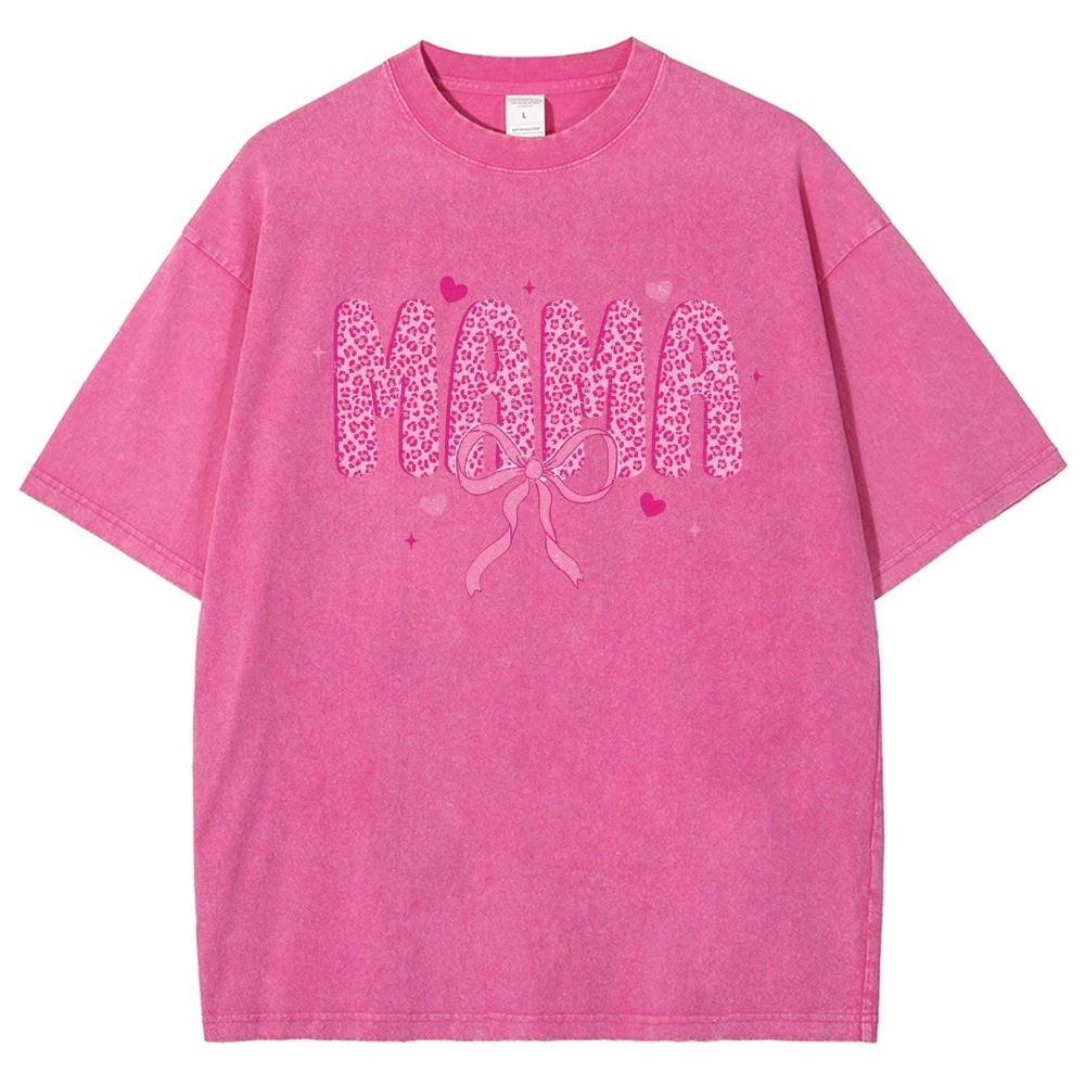 Mama Letter Leopard Bow Printed Washed Tee