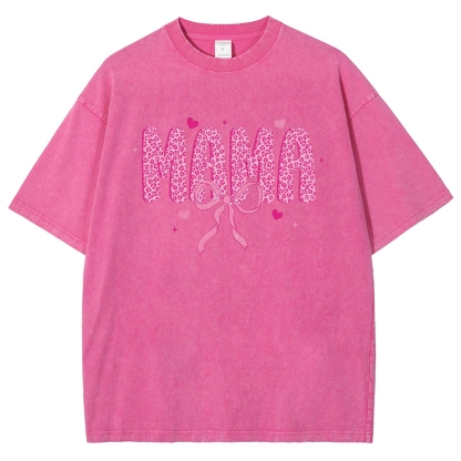 Mama Letter Leopard Bow Printed Washed Tee