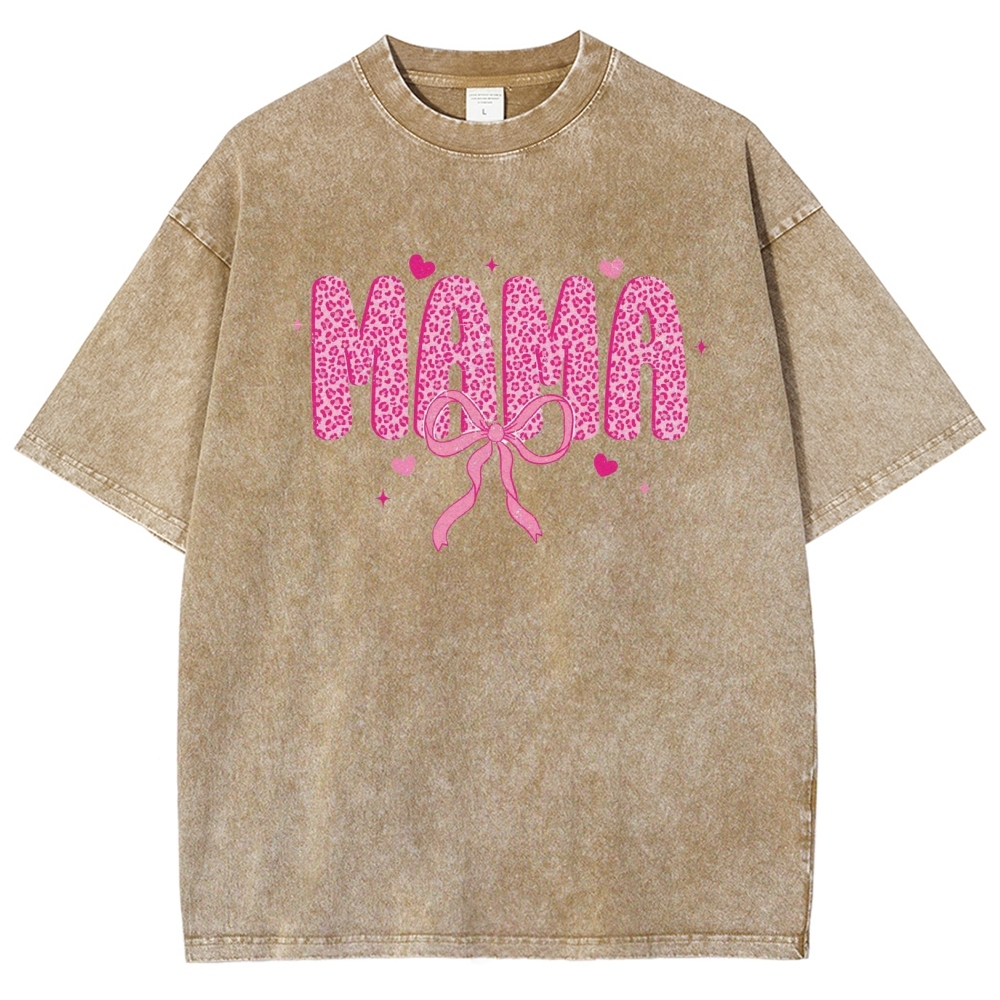 Mama Letter Leopard Bow Printed Washed Tee