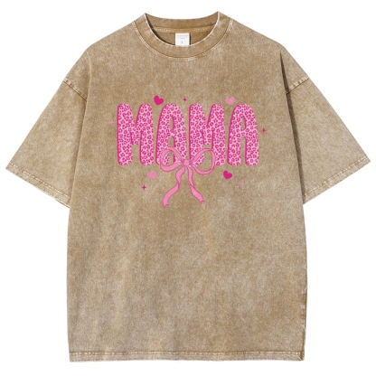 Mama Letter Leopard Bow Printed Washed Tee