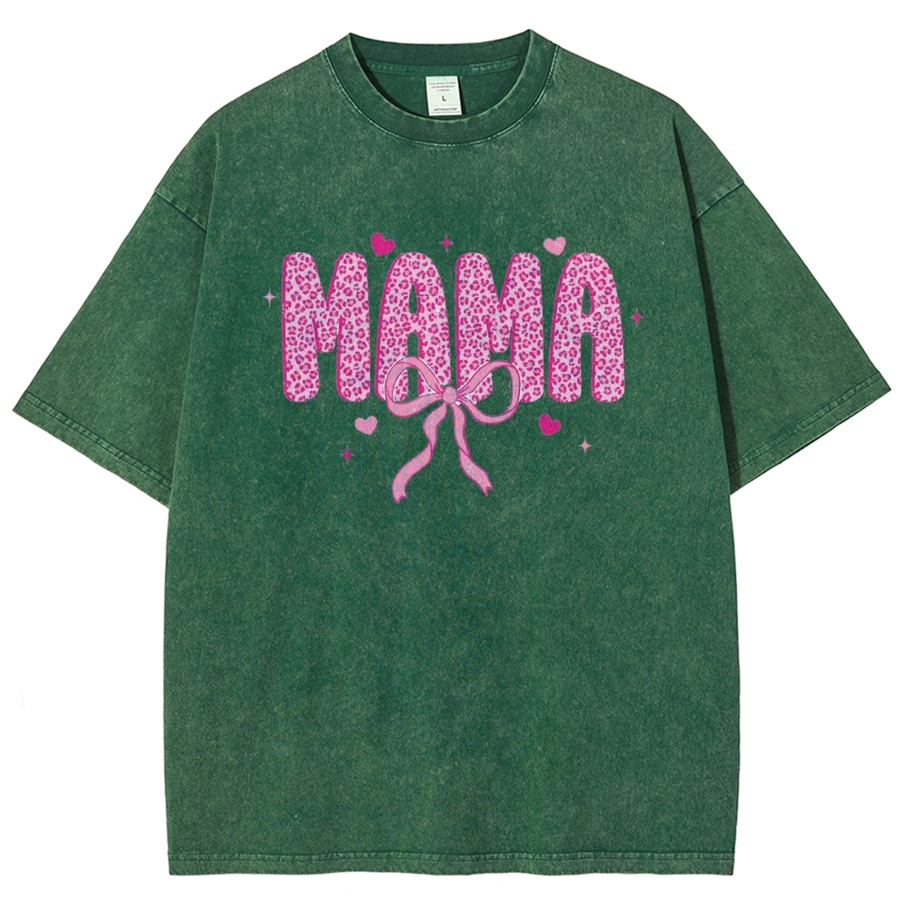 Mama Letter Leopard Bow Printed Washed Tee