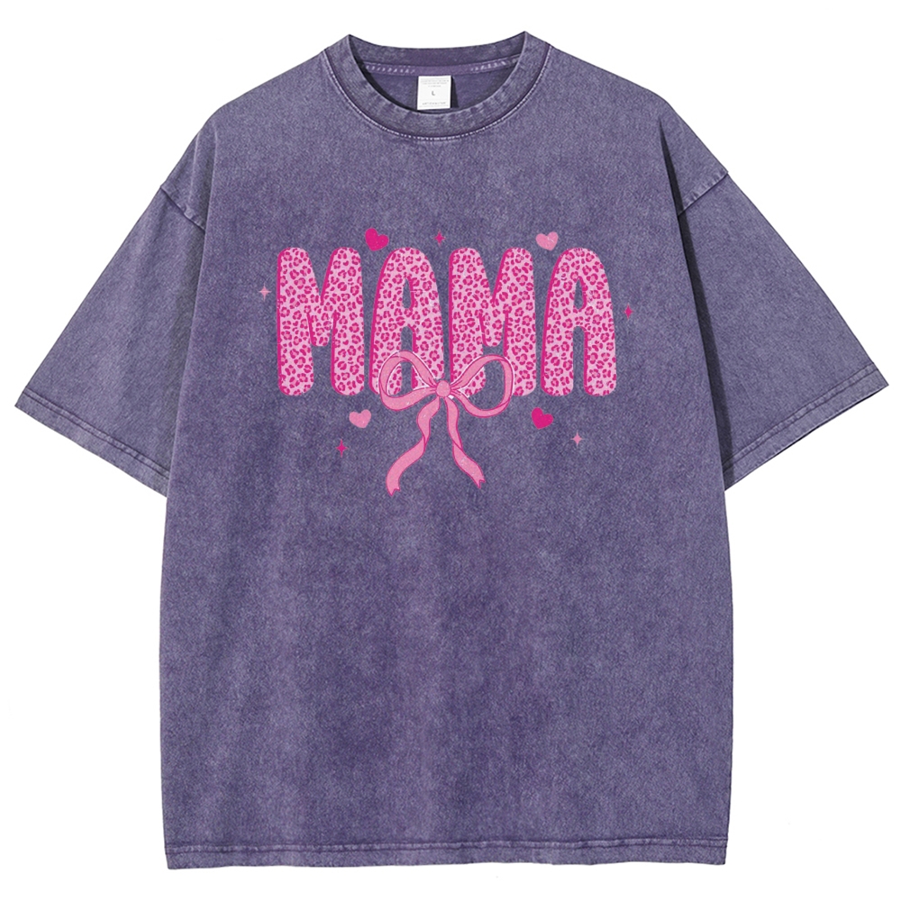 Mama Letter Leopard Bow Printed Washed Tee