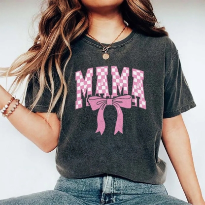 Pink Plaid Mama Letter Printed Washed Tee
