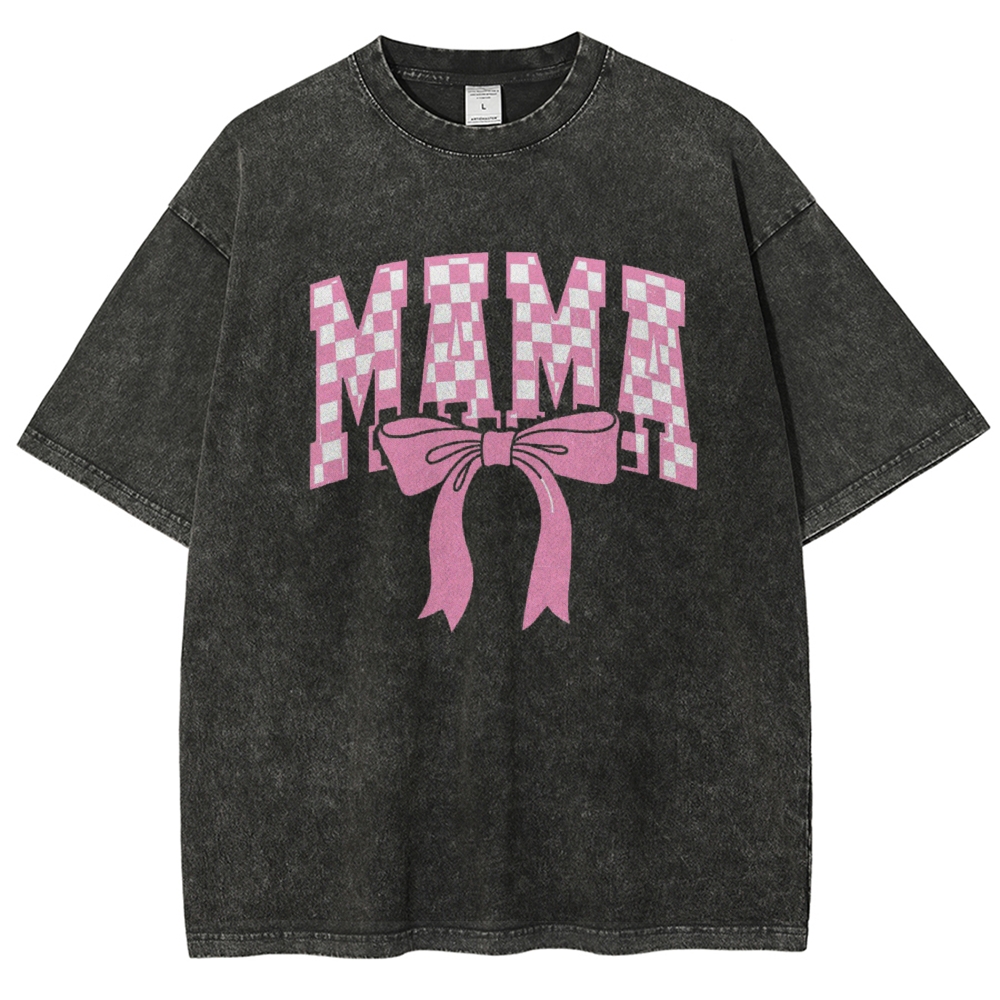 Pink Plaid Mama Letter Printed Washed Tee