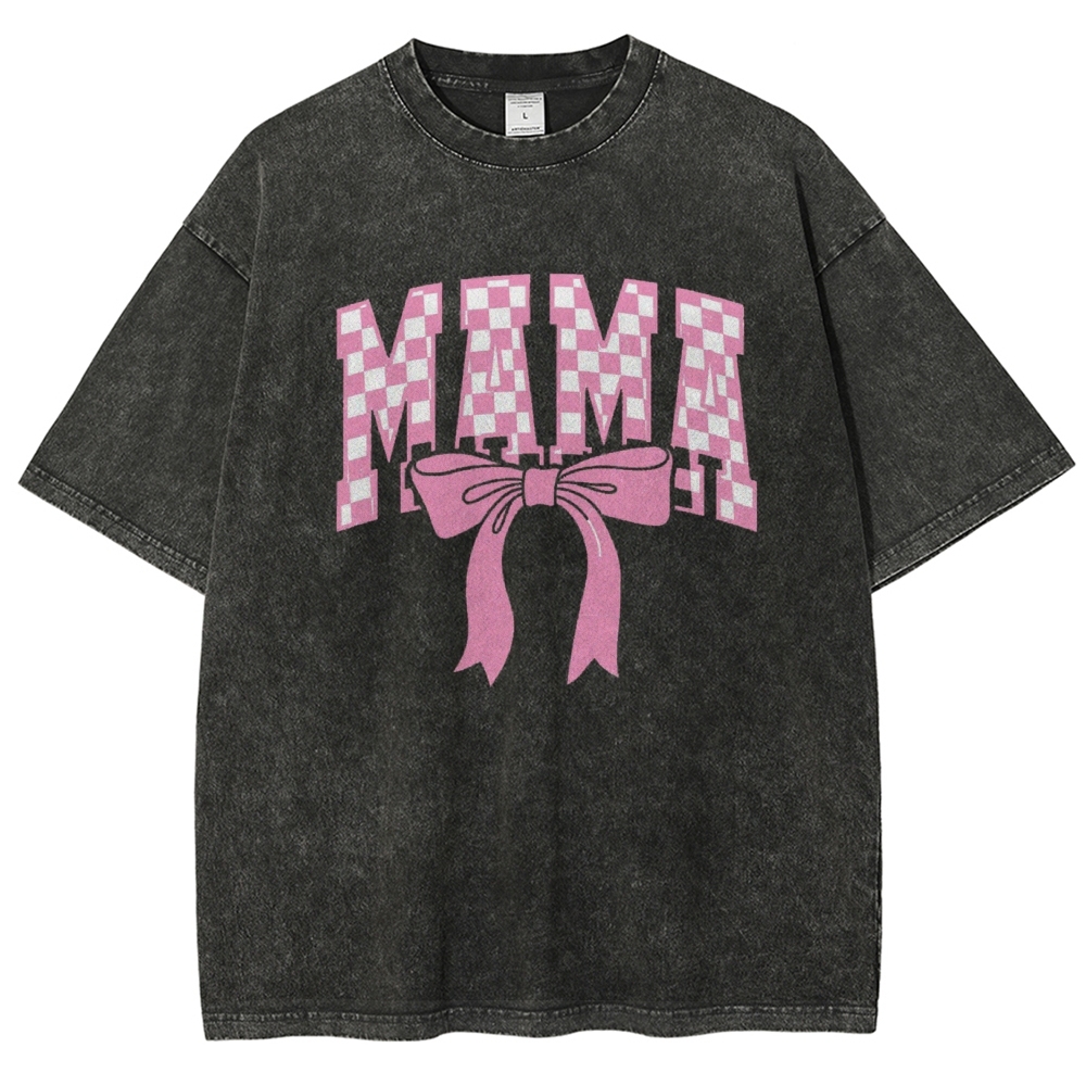 Pink Plaid Mama Letter Printed Washed Tee