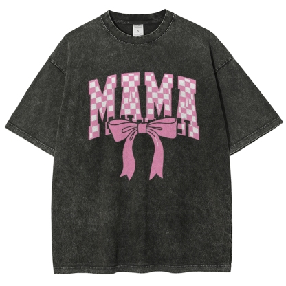 Pink Plaid Mama Letter Printed Washed Tee