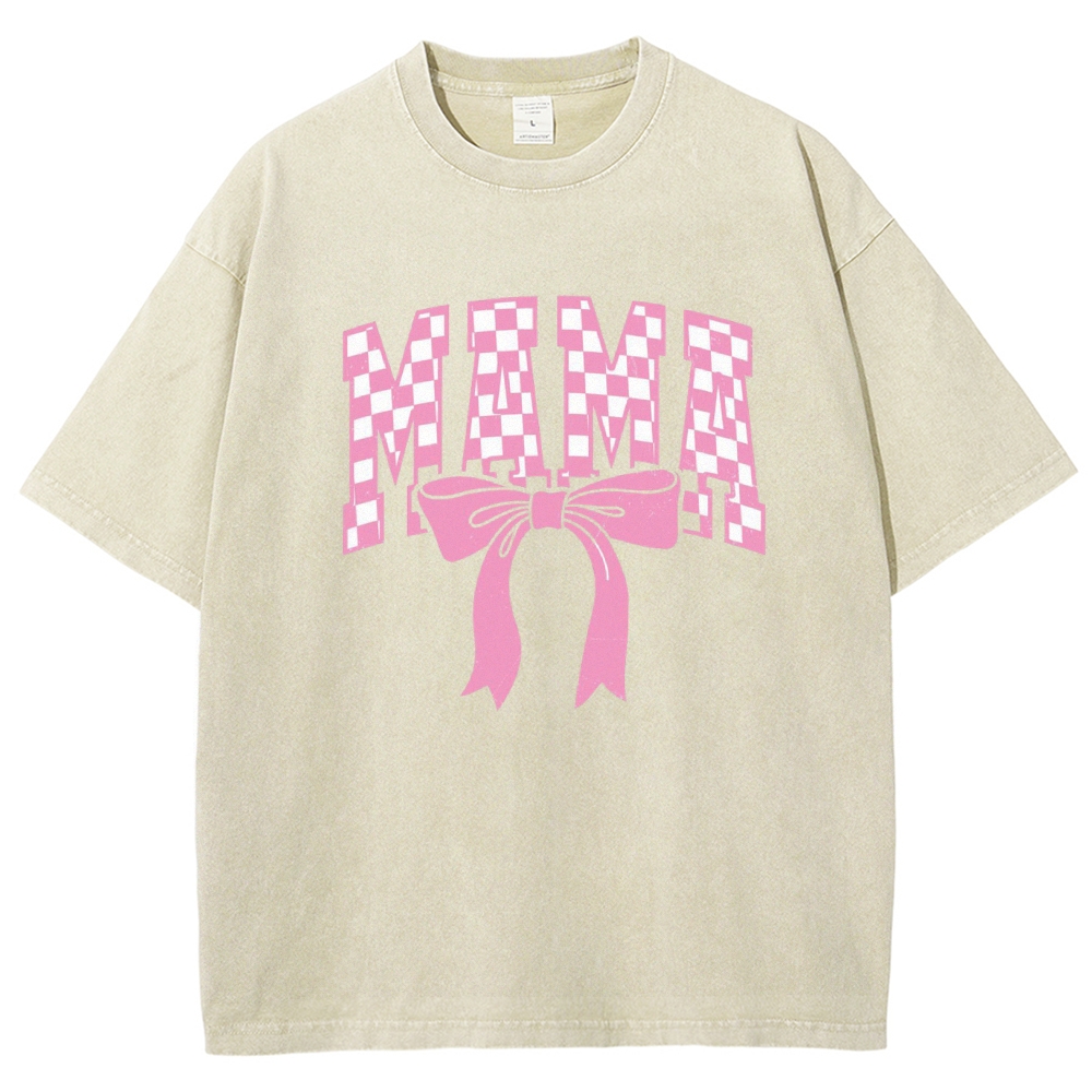 Pink Plaid Mama Letter Printed Washed Tee
