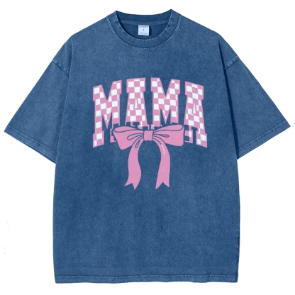 Pink Plaid Mama Letter Printed Washed Tee