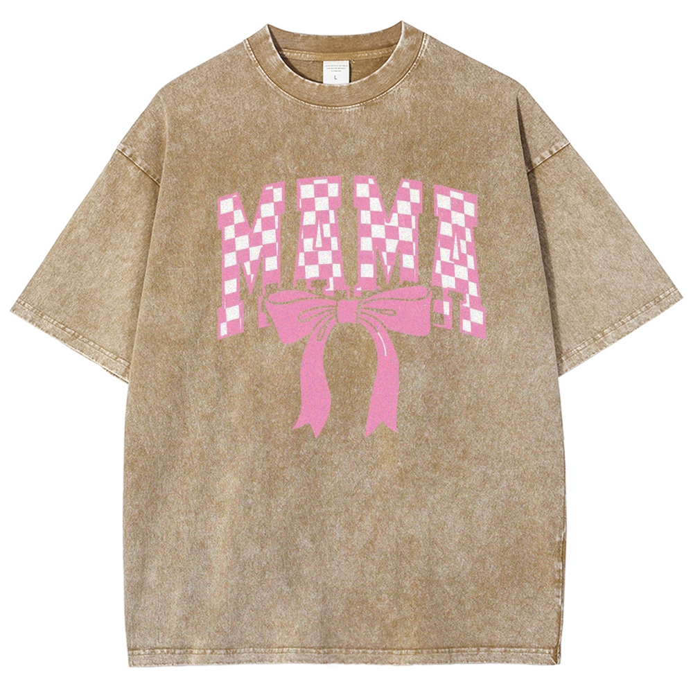 Pink Plaid Mama Letter Printed Washed Tee
