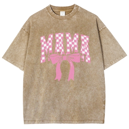 Pink Plaid Mama Letter Printed Washed Tee