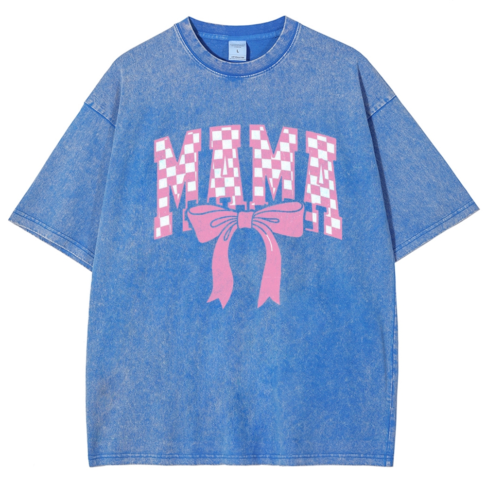 Pink Plaid Mama Letter Printed Washed Tee