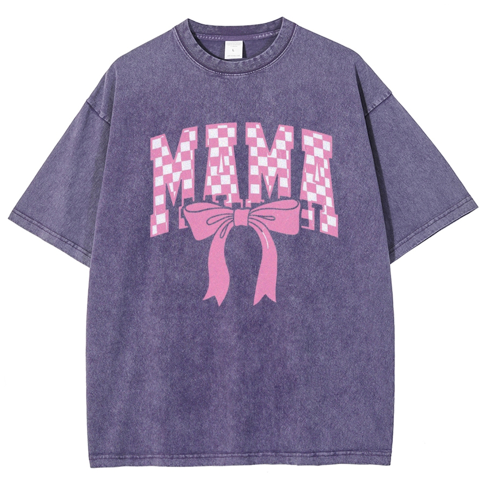 Pink Plaid Mama Letter Printed Washed Tee