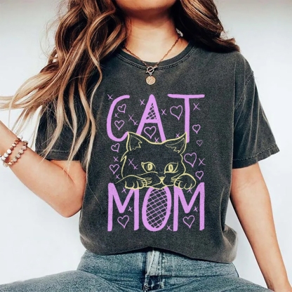 Cat Mom Pattern Print Unisex Printed Washed Tee