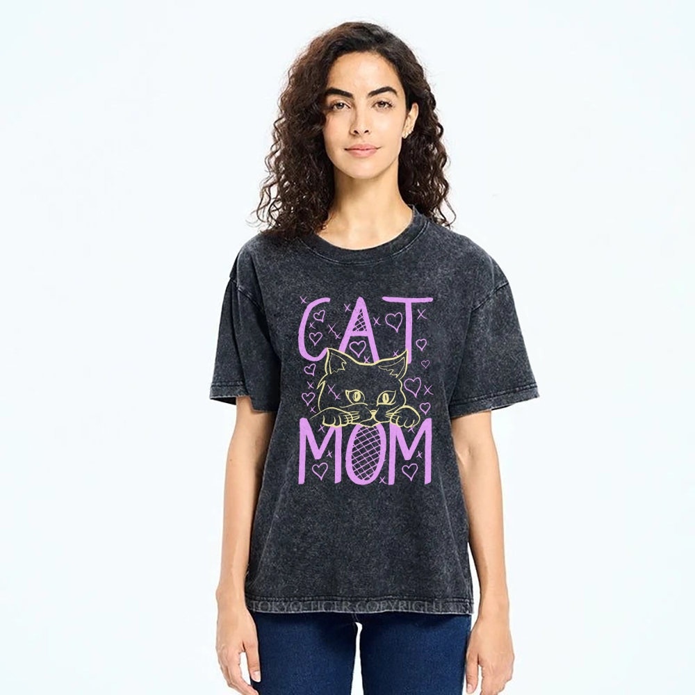Cat Mom Pattern Print Unisex Printed Washed Tee