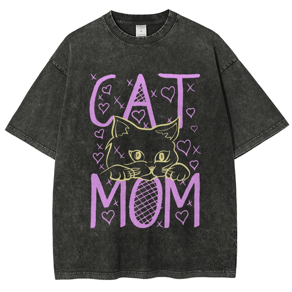 Cat Mom Pattern Print Unisex Printed Washed Tee