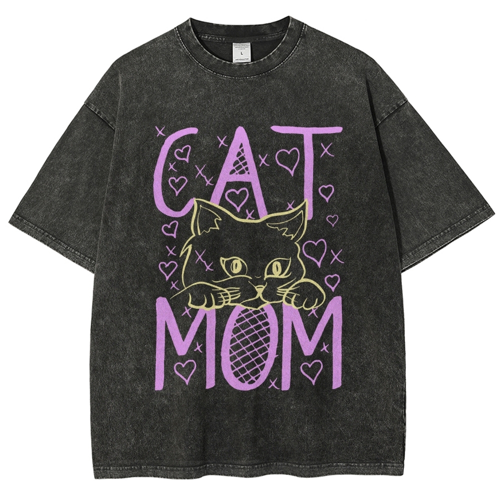 Cat Mom Pattern Print Unisex Printed Washed Tee