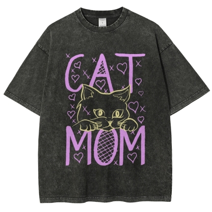 Cat Mom Pattern Print Unisex Printed Washed Tee