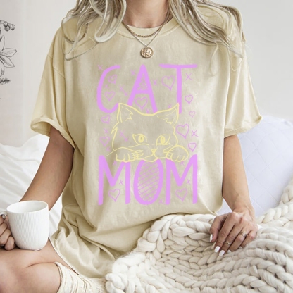 Cat Mom Pattern Print Unisex Printed Washed Tee
