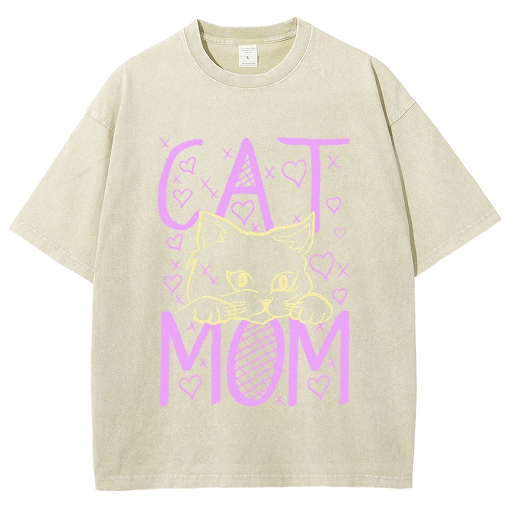Cat Mom Pattern Print Unisex Printed Washed Tee