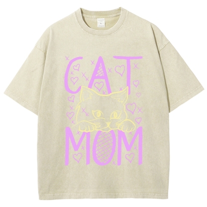 Cat Mom Pattern Print Unisex Printed Washed Tee