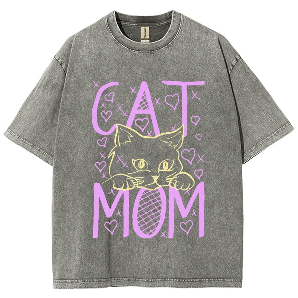Cat Mom Pattern Print Unisex Printed Washed Tee