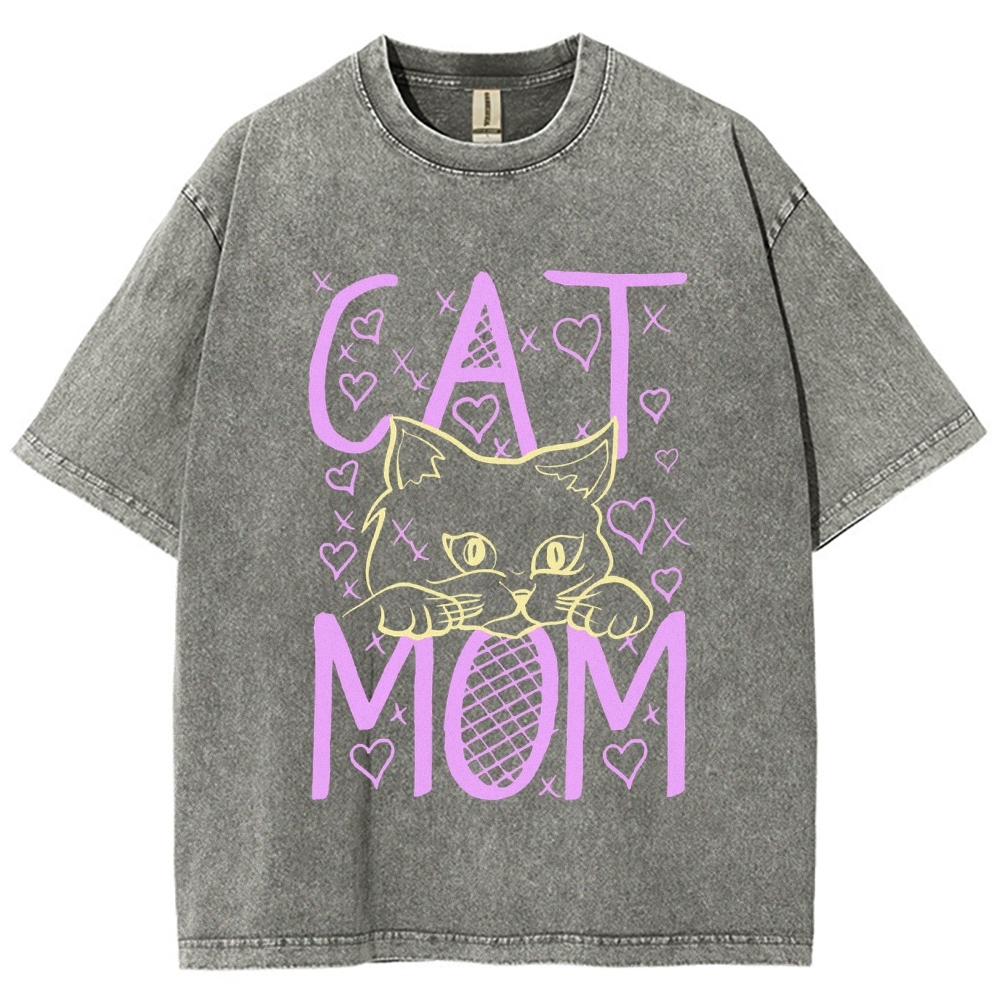 Cat Mom Pattern Print Unisex Printed Washed Tee