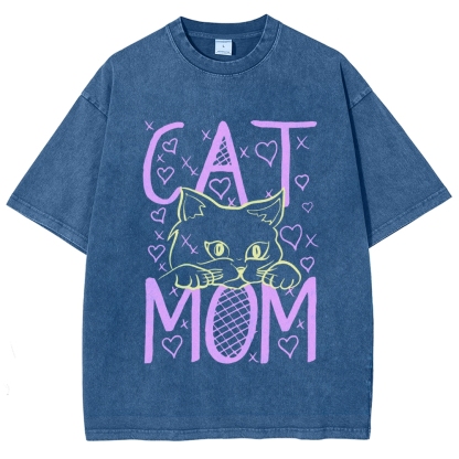 Cat Mom Pattern Print Unisex Printed Washed Tee