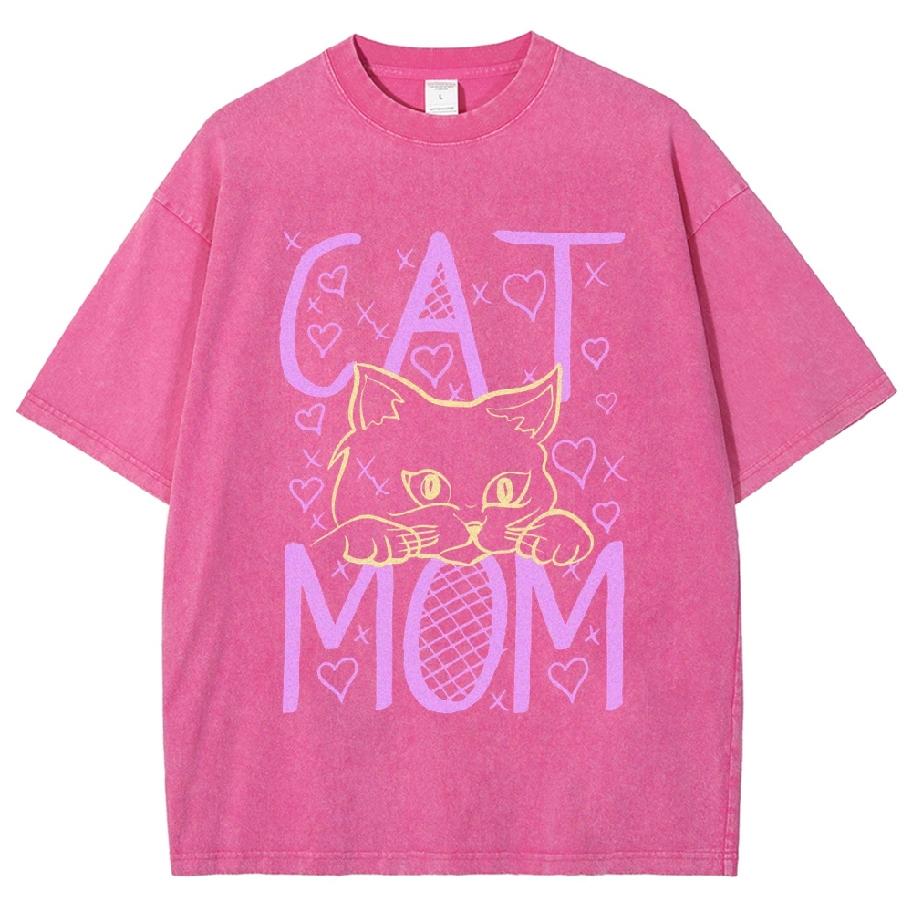 Cat Mom Pattern Print Unisex Printed Washed Tee