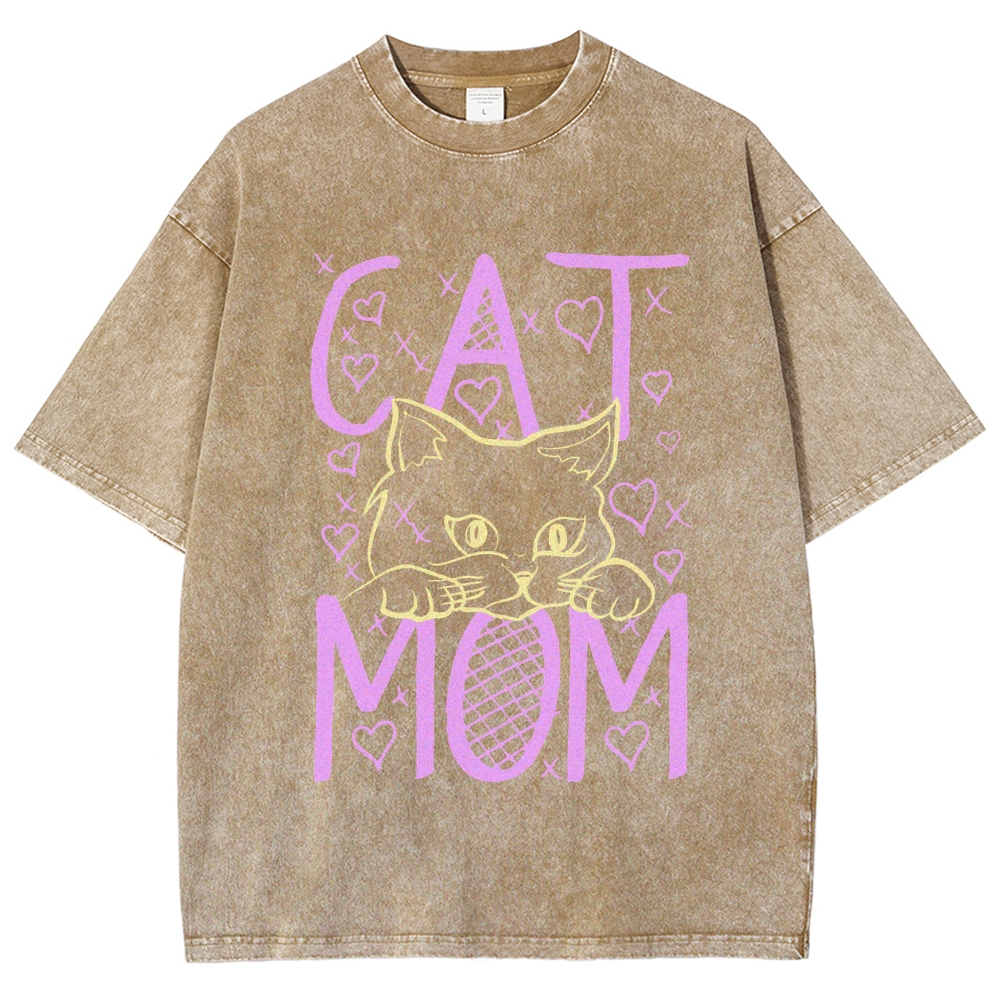 Cat Mom Pattern Print Unisex Printed Washed Tee