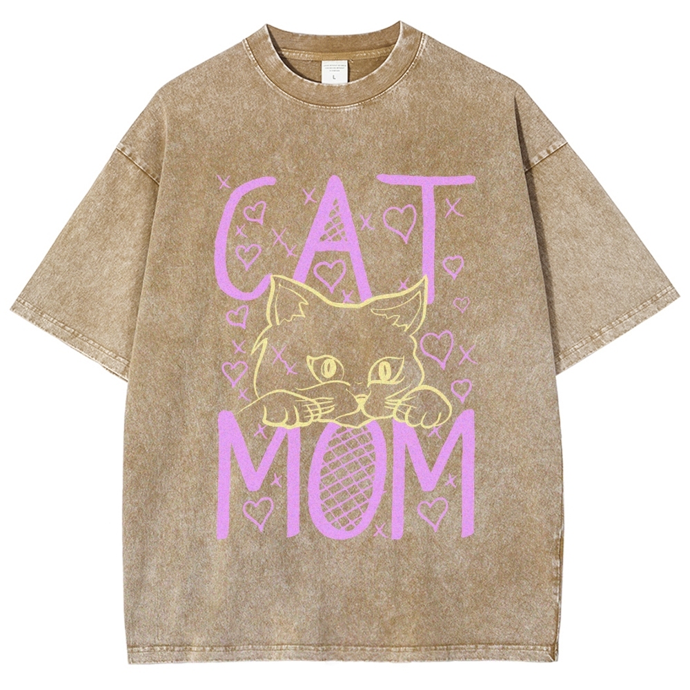 Cat Mom Pattern Print Unisex Printed Washed Tee