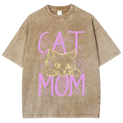 Cat Mom Pattern Print Unisex Printed Washed Tee