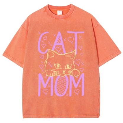 Cat Mom Pattern Print Unisex Printed Washed Tee