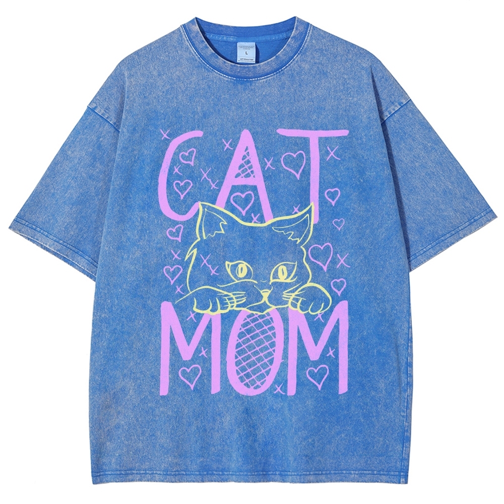 Cat Mom Pattern Print Unisex Printed Washed Tee