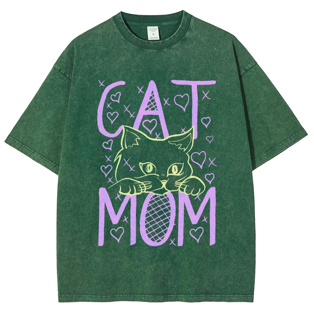 Cat Mom Pattern Print Unisex Printed Washed Tee
