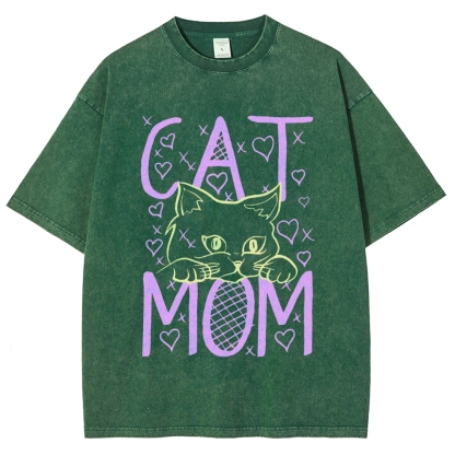 Cat Mom Pattern Print Unisex Printed Washed Tee