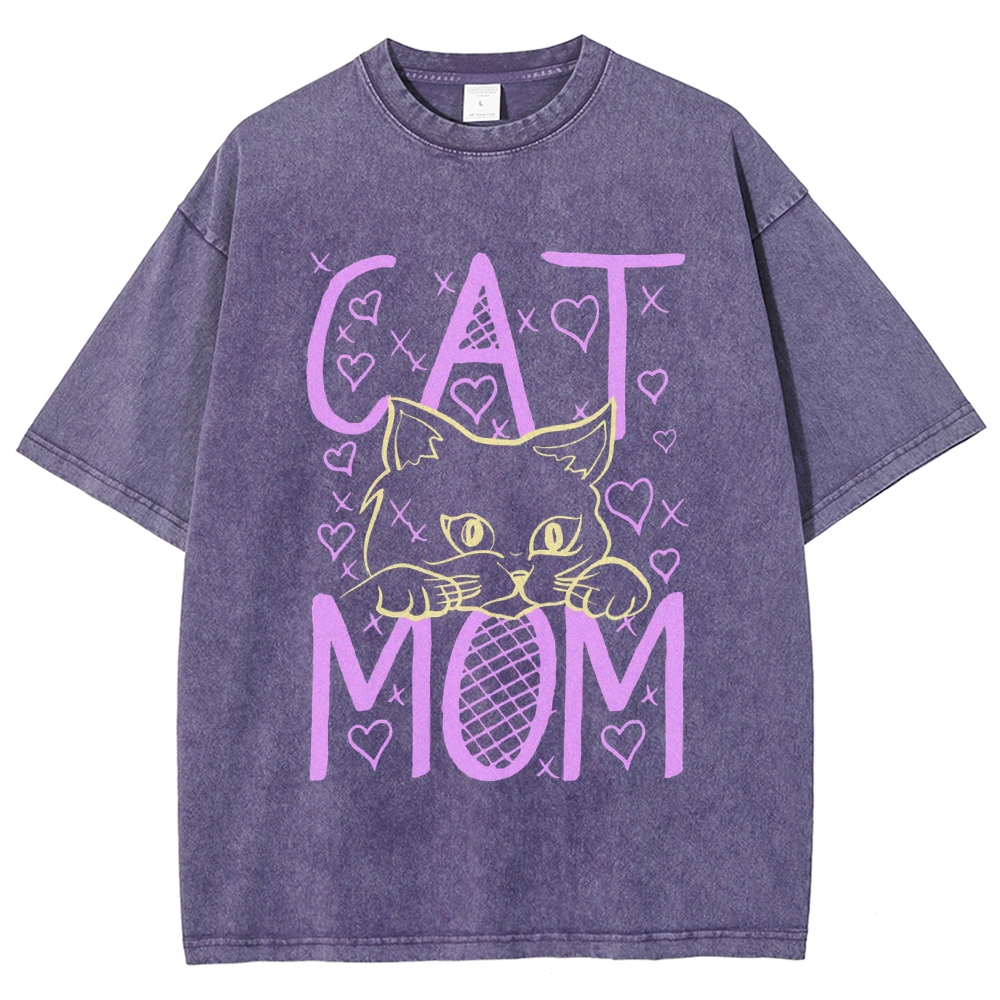 Cat Mom Pattern Print Unisex Printed Washed Tee
