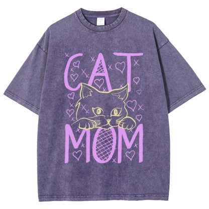 Cat Mom Pattern Print Unisex Printed Washed Tee