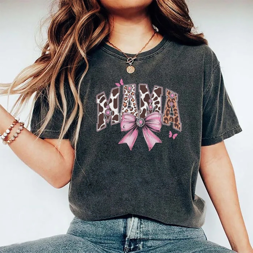 Retro Mama Leopard Letter Bow Butterfly Printed Washed Tee