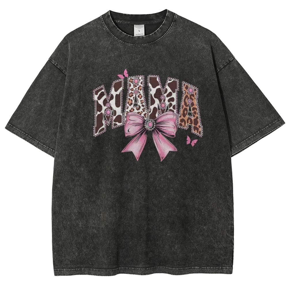 Retro Mama Leopard Letter Bow Butterfly Printed Washed Tee