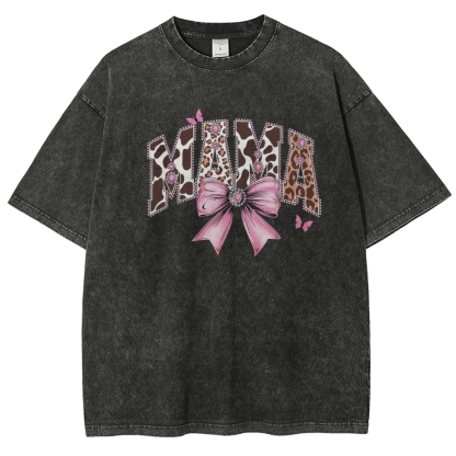 Retro Mama Leopard Letter Bow Butterfly Printed Washed Tee