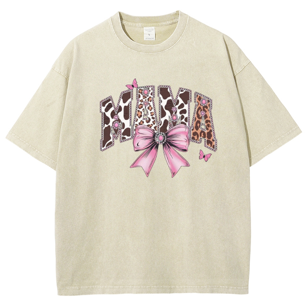 Retro Mama Leopard Letter Bow Butterfly Printed Washed Tee