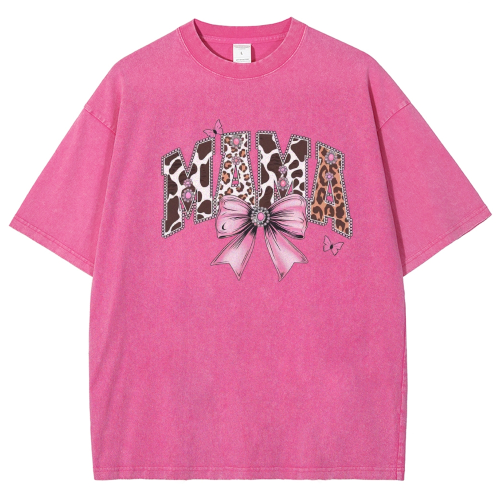 Retro Mama Leopard Letter Bow Butterfly Printed Washed Tee