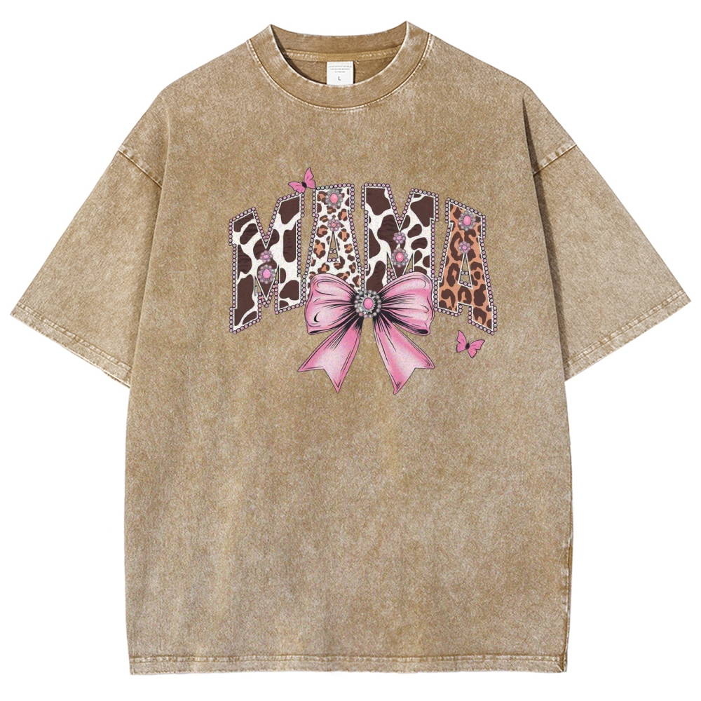 Retro Mama Leopard Letter Bow Butterfly Printed Washed Tee