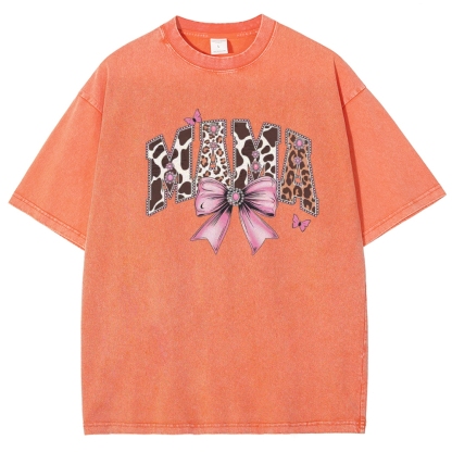 Retro Mama Leopard Letter Bow Butterfly Printed Washed Tee