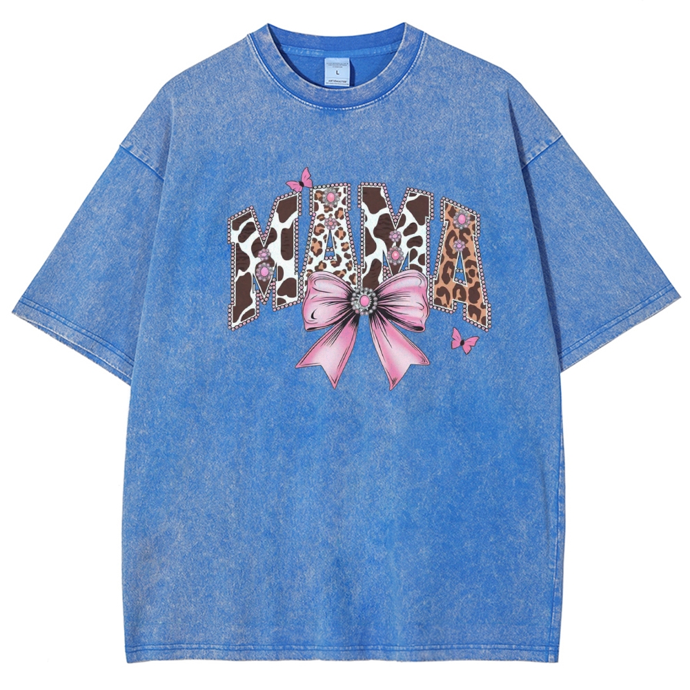 Retro Mama Leopard Letter Bow Butterfly Printed Washed Tee