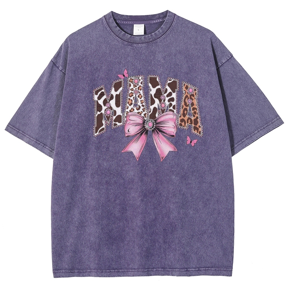 Retro Mama Leopard Letter Bow Butterfly Printed Washed Tee