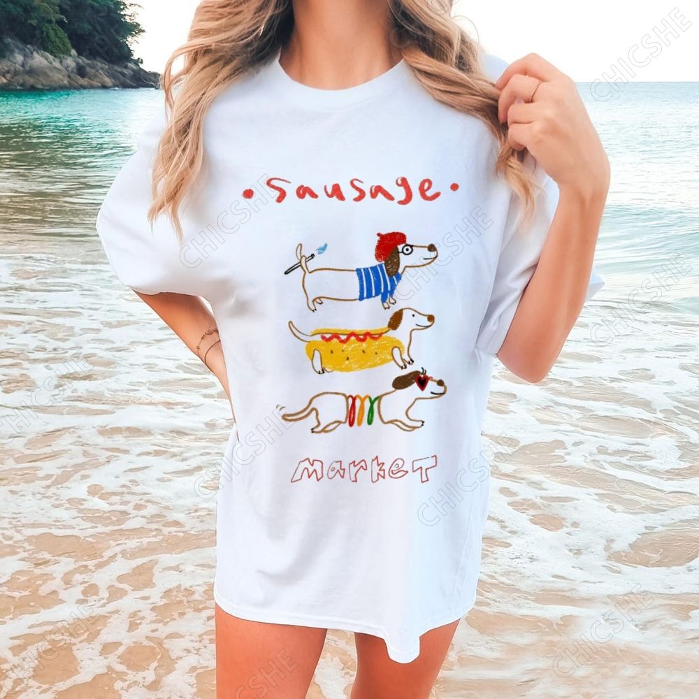 Sausage Dog Cartoon Fun Art Printed Tee