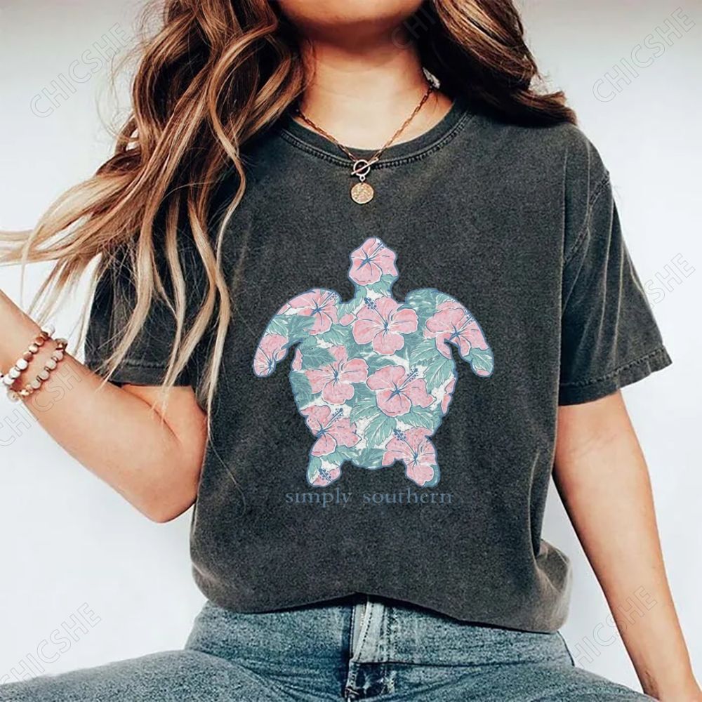 Unisex Simply Southern Flower Trutle Printed Washed Tee