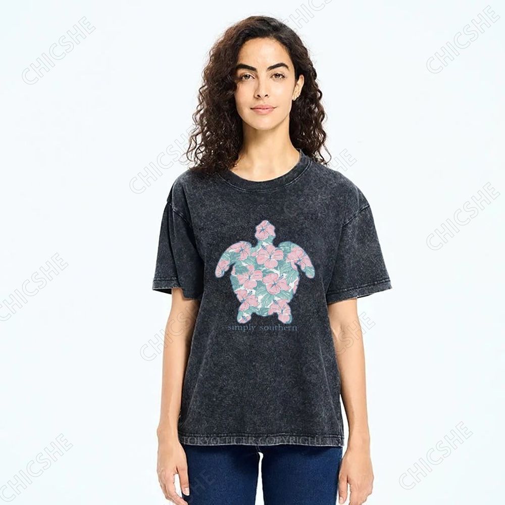 Unisex Simply Southern Flower Trutle Printed Washed Tee