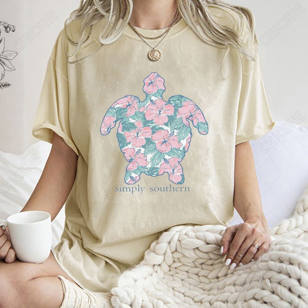 Unisex Simply Southern Flower Trutle Printed Washed Tee
